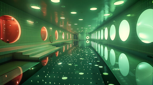 Retrofuturistic space luxury Olympic swimming pool
