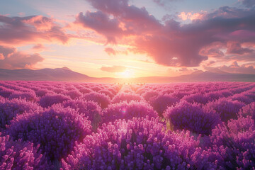 A fragrant lavender field stretching towards the horizon, immersing visitors in a sea of purple blooms. Concept of sensory delight and aromatherapy. Generative Ai. - obrazy, fototapety, plakaty