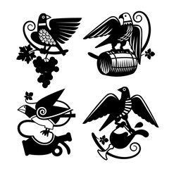 Set of black and white decorative icons and emblems with birds and wine making symbols in vintage engraving style isolated on white