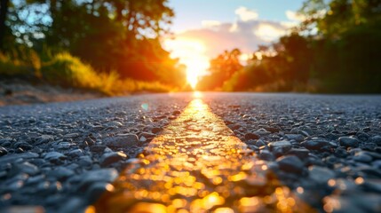 A road with a yellow line and sun setting in the background, AI