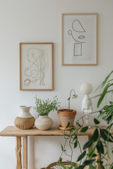 Fototapeta na wymiar Two frames with line art drawings on the wall, a natural wooden console table and plants in clay pots, simple boho-inspired home decor, and a minimalist interior design of a modern living room.