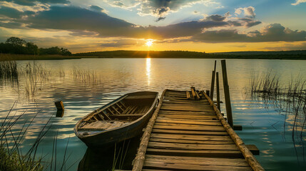 background of lake, wooden pier, boat. The image of loneliness. Cinematographic visuals.