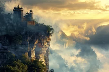 Zelfklevend Fotobehang Majestic castle on a cliff overlooking a misty valley, medieval fantasy landscape, digital painting © Lucija