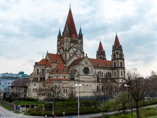 St. Francis of Assisi Church exterior details and facade view, Vienna, Austria