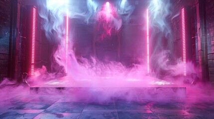 Empty modern dance stage with special effects in nightclub. Rays of neon light and color smoke in the dark stage