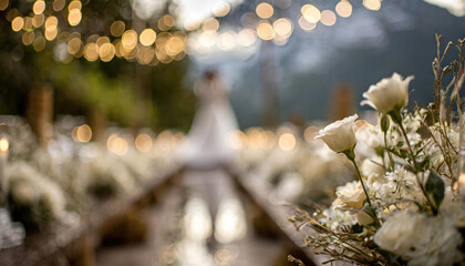 A blurred focus empty wedding venue with bokeh lighting and white decorations