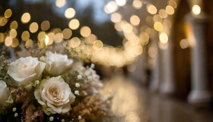 A blurred focus empty wedding venue with bokeh lighting and white decorations - 764333898