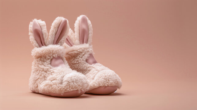 Close-up of newborn girl's pink booties. Advertising photo. Pink background of the photo studio. «It's a girl».