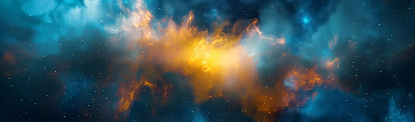 Foto op Aluminium Abstract wallpaper with a cosmic explosion of blue and yellow powder © alex