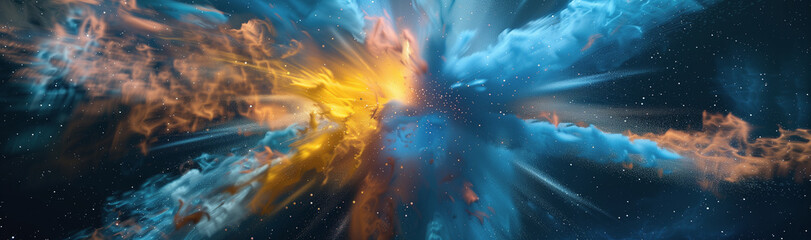 Abstract wallpaper with a cosmic explosion of blue and yellow powder - obrazy, fototapety, plakaty