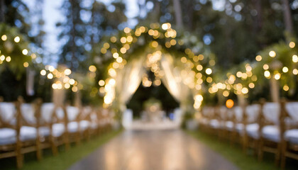 A blurred focus empty wedding venue with bokeh lighting and white decorations - 764334055