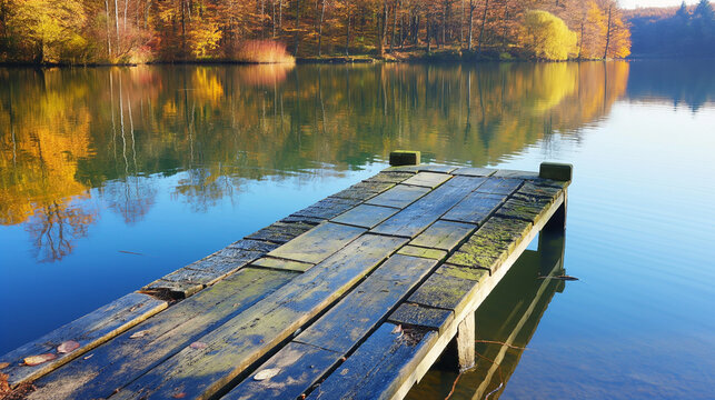 background of lake, wooden pier, boat. The image of loneliness. Cinematographic visuals.