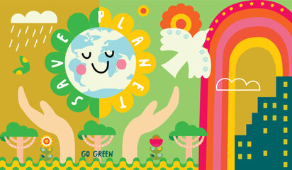 Save Planet poster with cartoon globe,city,rainbow,trees,flowers,hand,clouds and bird.Abstract background with handwritten symbols of ecology and peace.Vector design for card,banner template,flyer.