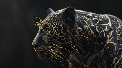 a black leopard with striking golden patterns adorning its fur