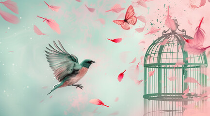Artistic illustration blending pink and turquoise tones, depicting birds flying away from an open cage
