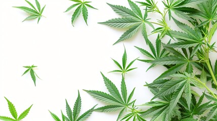 Fototapeta na wymiar Cannabis sativa plants frame on white background. Marijuana leaves and buds border, top view, copy space. Horticultural industry