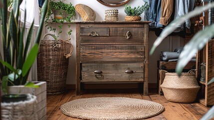 A dressing room with a rustic style, featuring a wooden dresser with a reclaimed wood finish and a woven basket on the floor