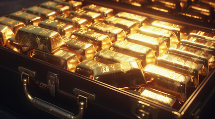 a black suitcase brimming with neatly stacked gold bars