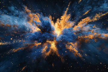 Abstract wallpaper with a cosmic explosion of blue and yellow powder - obrazy, fototapety, plakaty
