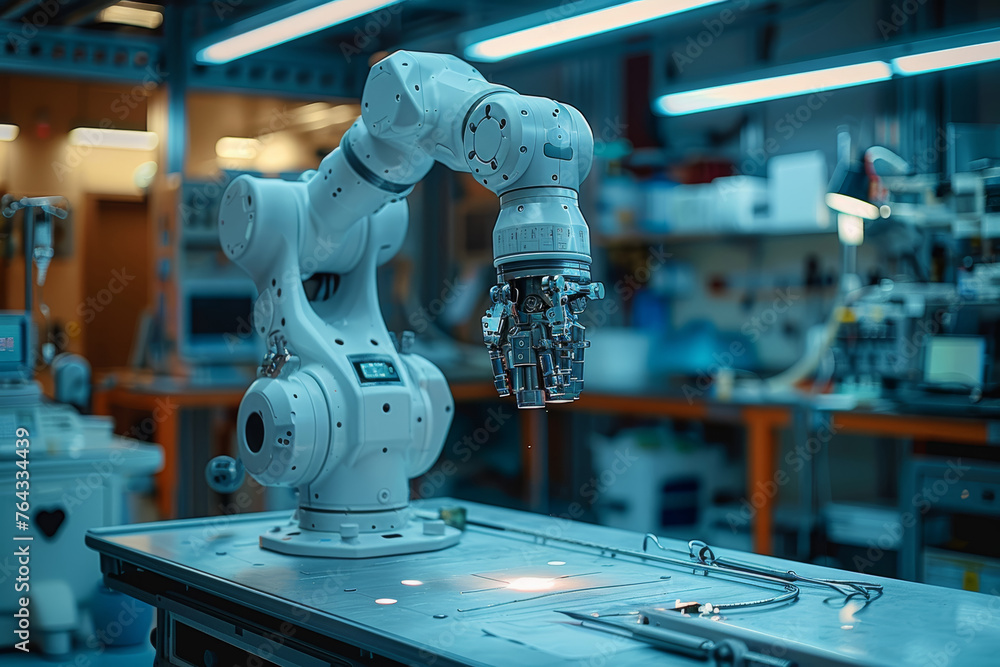 Poster a robotic arm performing precise surgical procedures, showcasing the integration of technology in me