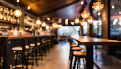 A blurred focus restaurant interior with bokeh lighting - 764334428