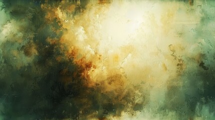 a painting of a green, yellow, and brown background with a white spot in the middle of the painting.