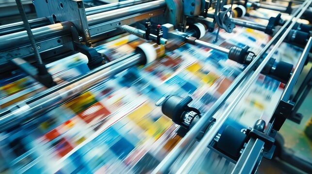An offset printing machine in action, an industry staple for mass-producing newspapers and magazines