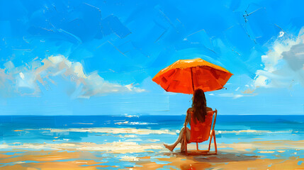 The image features a woman sitting in a beach chair - obrazy, fototapety, plakaty