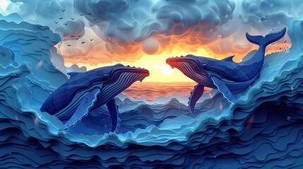 3d papercuts Hawaii Na Pali coast with humpback whales - obrazy, fototapety, plakaty