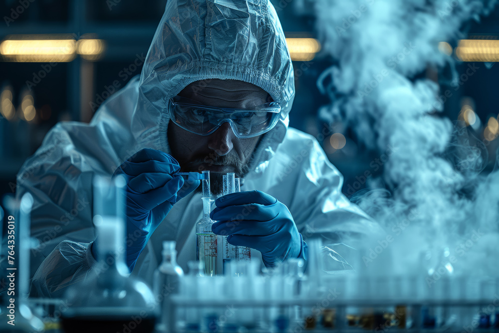 Poster an atmospheric chemist analyzing air samples for pollutants, contributing to the understanding of ai