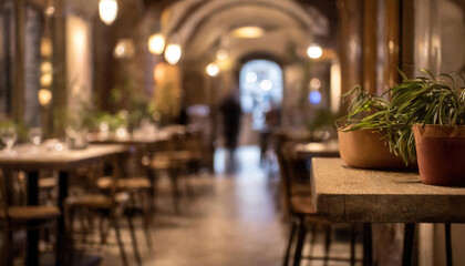 A blurred focus restaurant interior with bokeh lighting - 764335011