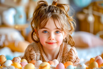 Little girl laying on top of bed next to pile of eggs.