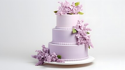 Lilac three-tiered wedding cake decorated with flowers isolated on white background. Elegant holiday desserts concept.