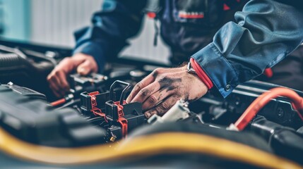 Checking a car battery level, underlining regular vehicle maintenance and the importance of a reliable power source - obrazy, fototapety, plakaty