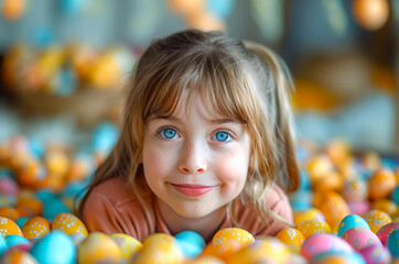 Little girl laying in ball pit with blue eyes and smile on her face.
