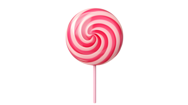 Pink and white spiral candy lollipops isolated on transparent background, top view.