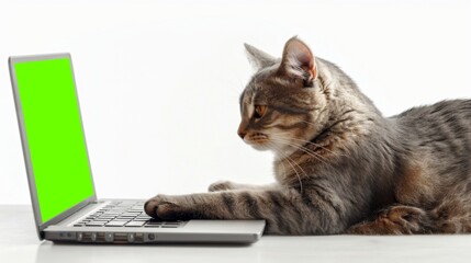A gray tabby cat is sitting on a white table and looking away from a laptop with a green screen. The cat has its paw on the keyboard. The laptop is open and sitting on the table.