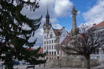 Hustopece city center with city hall, Czech Republic