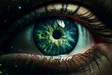 eye with vibrant green iris, futuristic artwork, macro, close up, green, blue color, diversity - obrazy, fototapety, plakaty