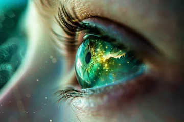 Fotobehang eye iris with a reflection of nature, trees and sky, futuristic artwork, macro, close up, green, environmental protection © zgurski1980