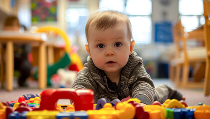 Baby sitting in front of pile of plastic toy blocks with surprised look on his face.