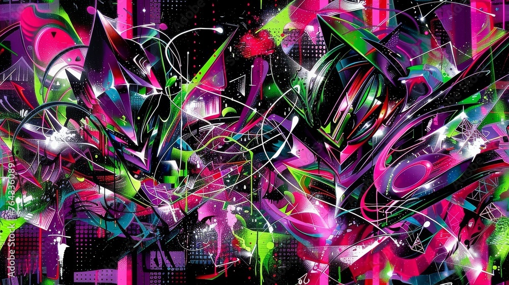Poster an abstract painting of a cityscape with a lot of lines and shapes in the middle of the image.