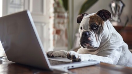 The bulldog is white and brown with a wrinkled face. It is sitting on a wooden table and looking at the laptop screen. The laptop is open, and the screen is showing a document.