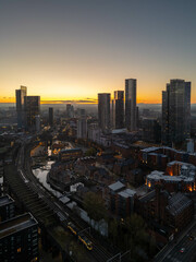 Sunrise over the Deansgate Square and Castlefield Basin, Manchester, UK	