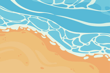 Hand drawn vector illustration of sea and beach in cartoon style. Sandy seashore illustration with waves and foam. Summer background for banner, web page and poster