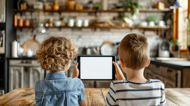 Couple of kids sitting at table holding up tablet computer screen.