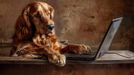 A cute brown dog sitting in front of a laptop, focused on the screen. Its paw is on the keyboard....