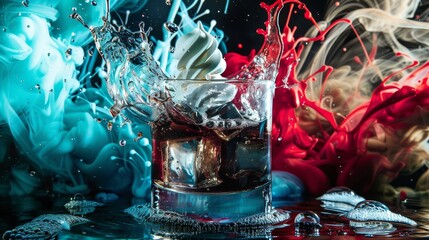 a glass filled with liquid sitting on top of a table next to a red and blue liquid splashing out of it.