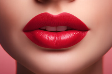 Obraz premium Close up of beautiful red sexy lips. Perfect skin and plump lips with makeup. Part of face. Highlighter, shimmer, bronzer. Make up concept. White teeth.
