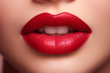 Close up of beautiful red lips. Perfect skin and plump lips with makeup. Part of face.  Make up concept. Beautiful woman.	
 - obrazy, fototapety, plakaty